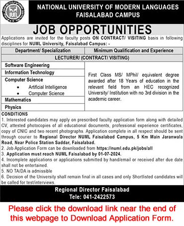 Lecturer Jobs in NUML University Faisalabad June 2024 Application Form Latest