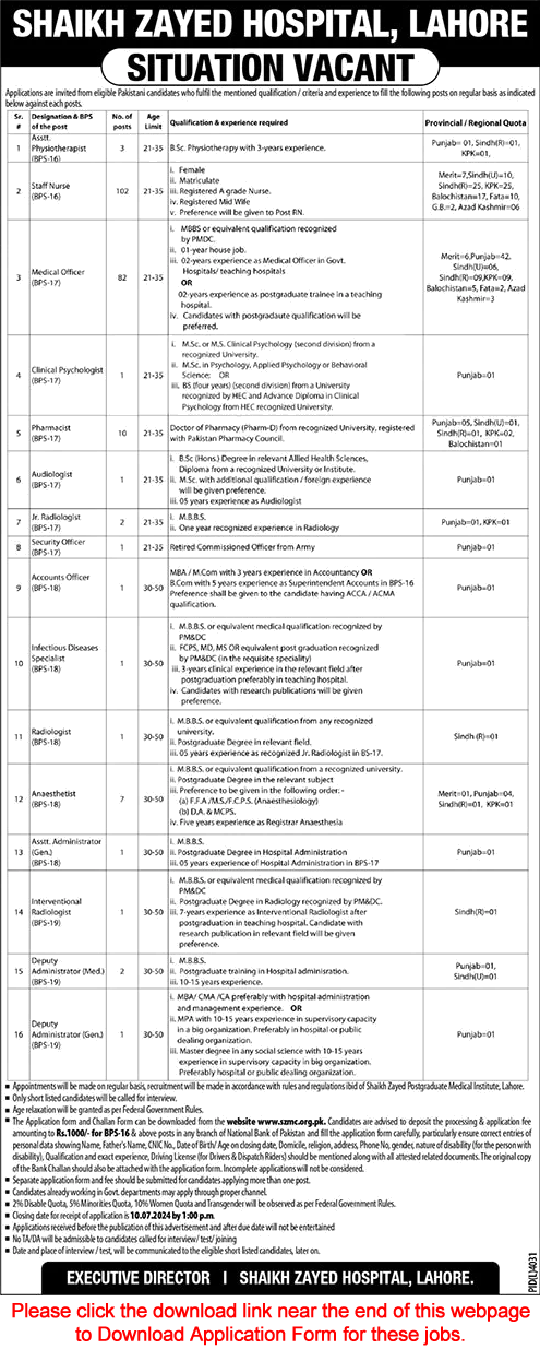 Shaikh Zayed Hospital Lahore Jobs 2024 June Application Form Nurses, Medical Officers & Others Latest