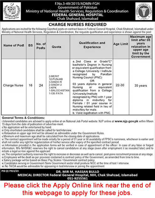 Charge Nurse Jobs in Federal General Hospital Islamabad 2024 June Apply Online Latest