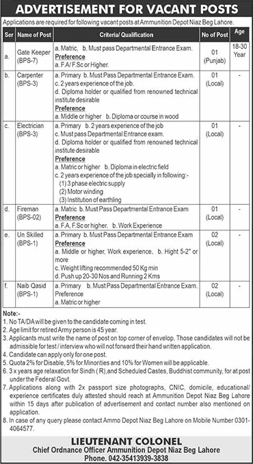 Ammunition Depot Lahore Jobs 2024 June Naib Qasid, Unskilled & Others Pakistan Army Latest