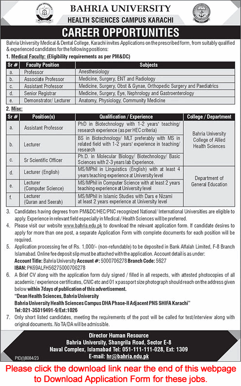 Bahria University Medical and Dental College Karachi Jobs 2024 June / July Application Form Teaching Faculty & Others Latest