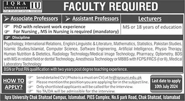 Iqra University Islamabad Jobs June 2024 July Teaching Faculty Latest