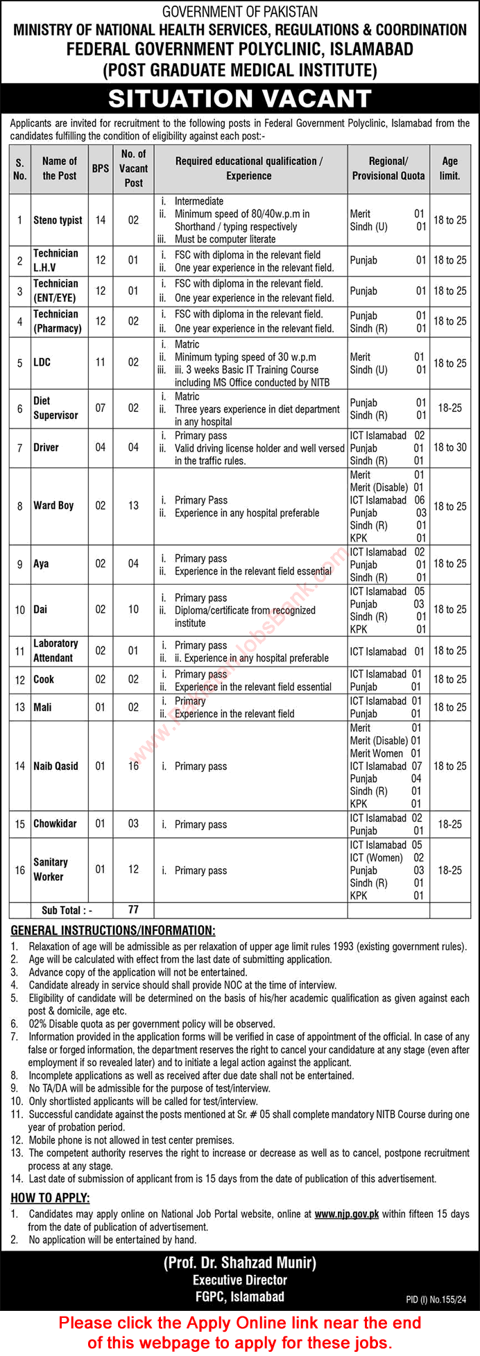 Federal Government Polyclinic Islamabad Jobs 2024 July Apply Online Naib Qasid, Ward Boys & Others Latest