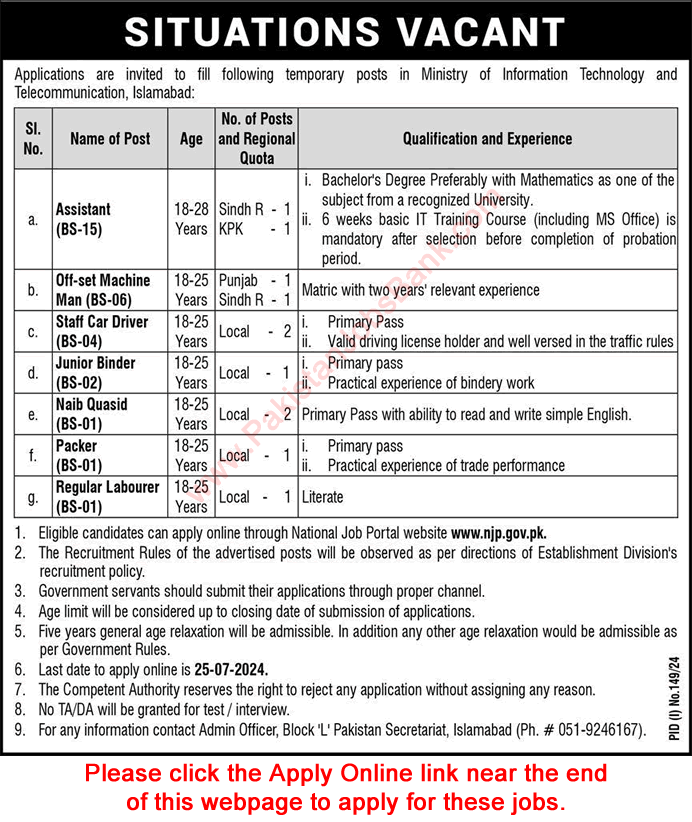 Ministry of Information Technology and Telecommunication Islamabad Jobs July 2024 Apply Online MoITT Latest