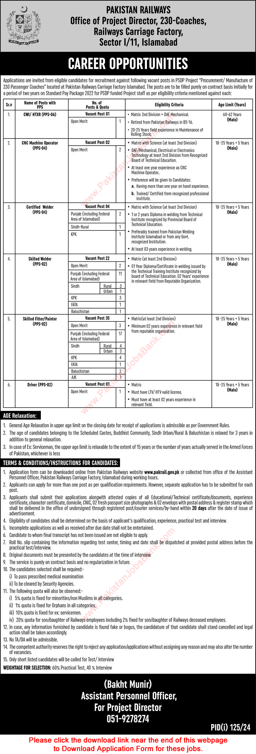 Pakistan Railways Jobs July 2024 Application Form Welders, Fitters / Painters & Others Carriage Factory Latest