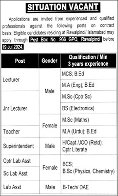 PO Box 966 GPO Rawalpindi Jobs 2024 July Lecturers, Teachers & Others Latest