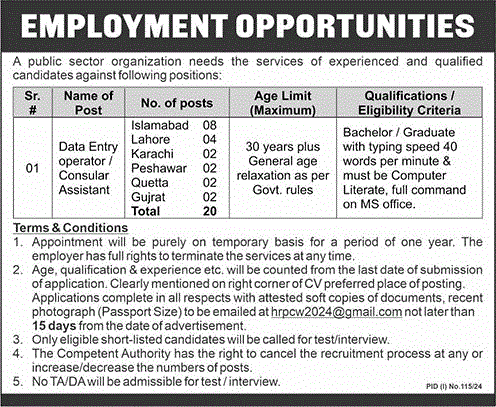 Data Entry Operator Jobs in Public Sector Organization 2024 July Consular Assistants Latest