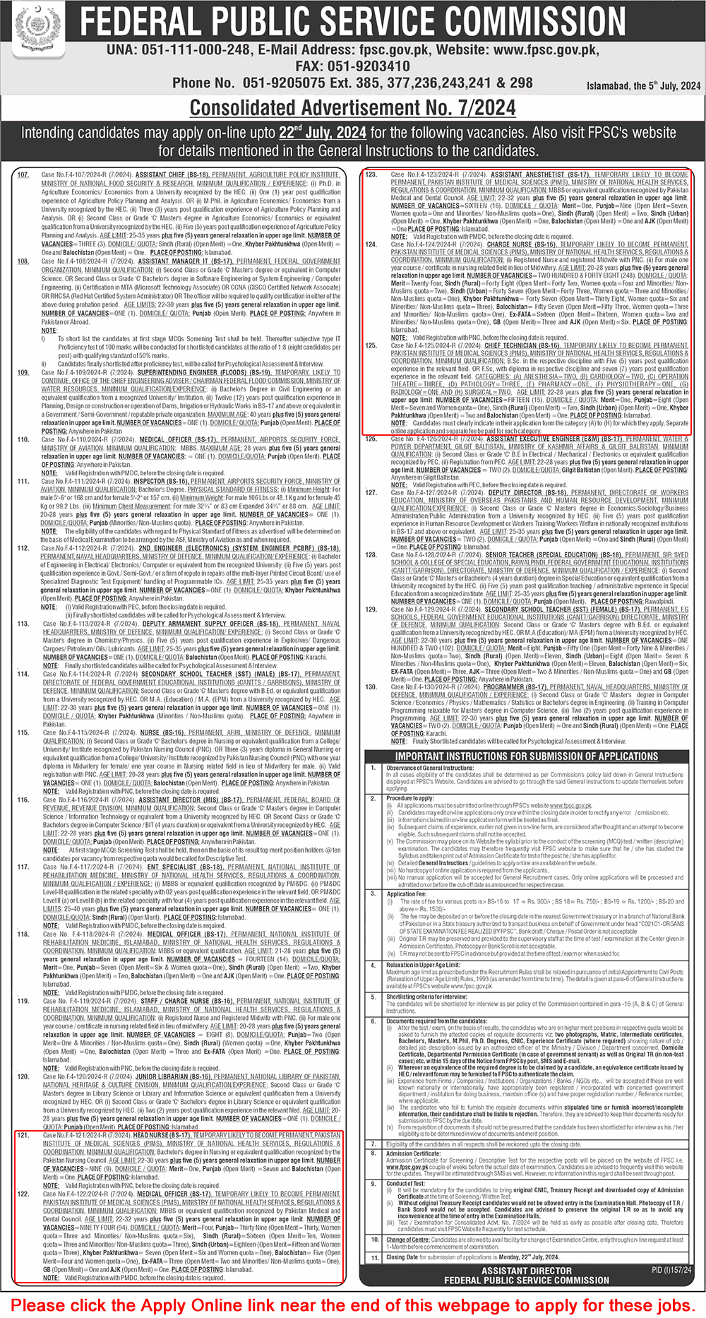 PIMS Hospital Islamabad Jobs July 2024 FPSC Apply Online Nurses, Medical Officers & Others Latest