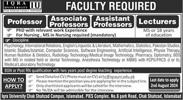 Iqra University Islamabad Jobs 2024 July Teaching Faculty Latest