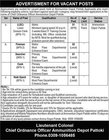 Ammunition Depot Pattoki Jobs 2024 July Fireman, Naib Qasid & Others Pakistan Army Latest