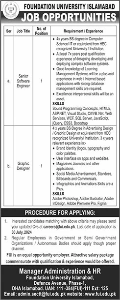 Foundation University Islamabad Jobs July 2024 Software Engineer & Graphic Designer Latest