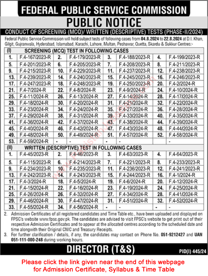 FPSC Written / MCQ Test Schedule July 2024 Roll Number Slip & Syllabus Download Latest