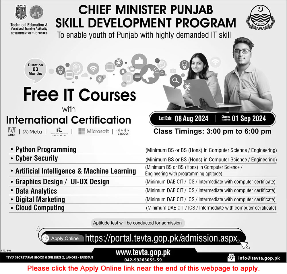 TEVTA Punjab Free IT Courses 2024 July / August Apply Online Chief Minister Punjab Skill Development Program Latest