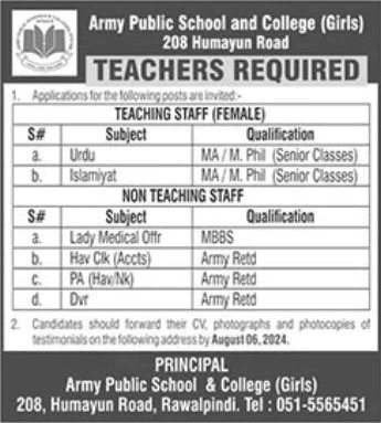 Army Public School and College Rawalpindi Jobs July 2024 August Teachers & Others APS&C Latest