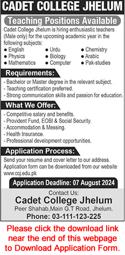 Cadet College Jhelum Jobs July 2024 August Teaching Faculty Application Form Latest