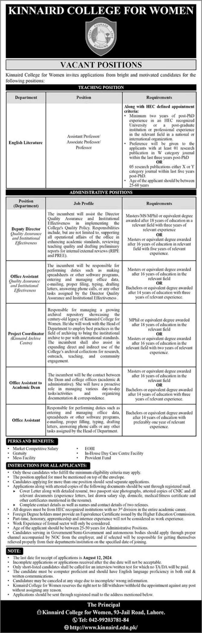 Kinnaird College for Women Lahore Jobs July 2024 August Teaching Faculty & Others KCW Latest