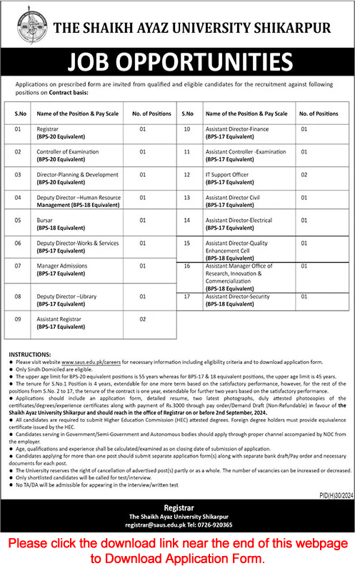 Shaikh Ayaz University Shikarpur Jobs 2024 July / August Application Form Download Latest