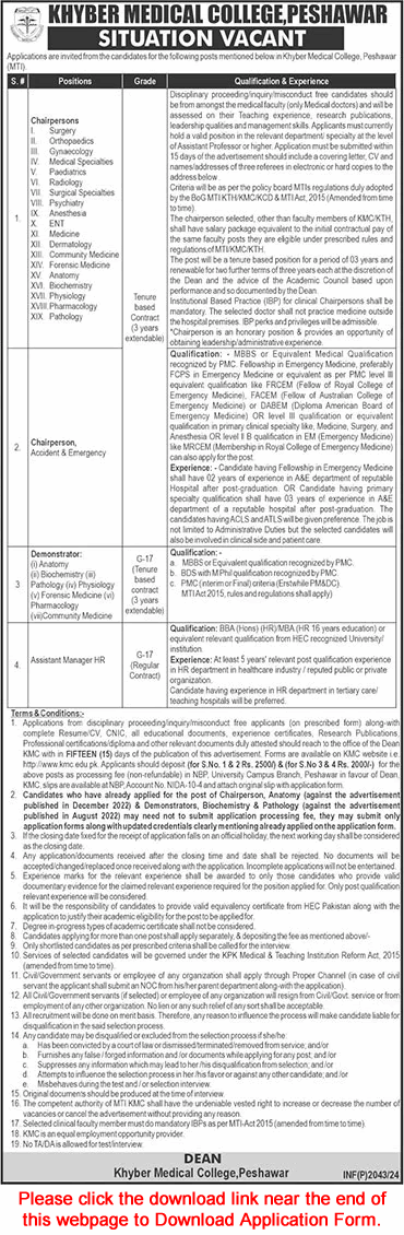 Khyber Medical College Peshawar Jobs August 2024 Application Form Chairperson, Demonstrator & Others Latest