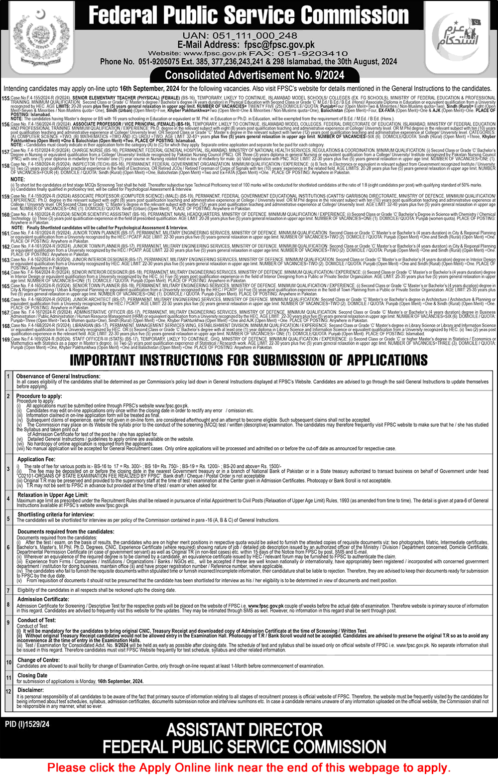 FPSC Jobs September 2024 Apply Online Consolidated Advertisement No 09/2024 9/2024 Latest