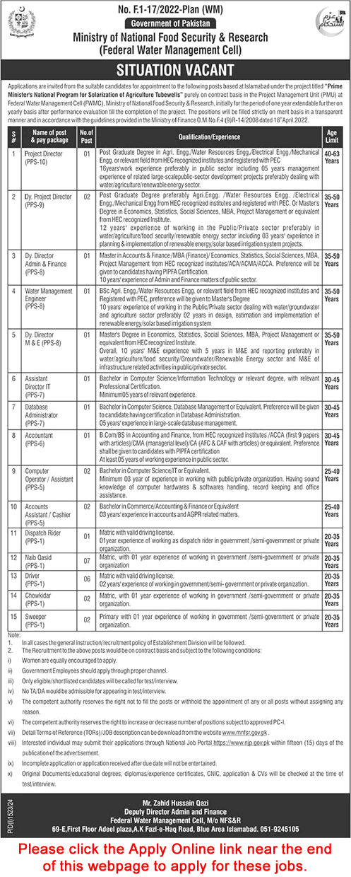 Ministry of National Food Security and Research Islamabad Jobs 2024 September Apply Online Latest