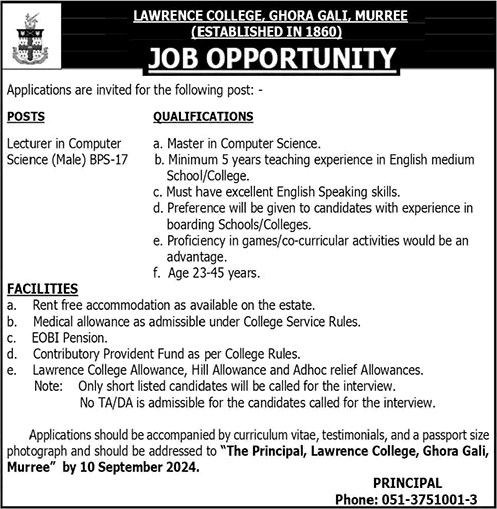 Lecturer Jobs in Lawrence College Murree 2024 September Ghora Gali Latest