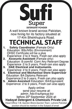 Sufi Super Detergent Powder Lahore Jobs 2024 September Hadayat Detergent & Chemicals Pvt Ltd Latest