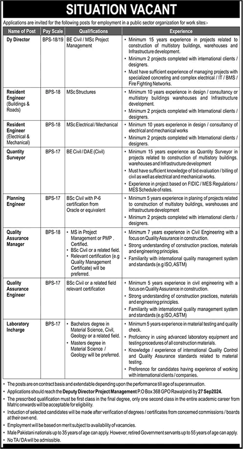 PO Box 368 GPO Rawalpindi Jobs September 2024 Resident Engineers & Others Public Sector Organization Latest