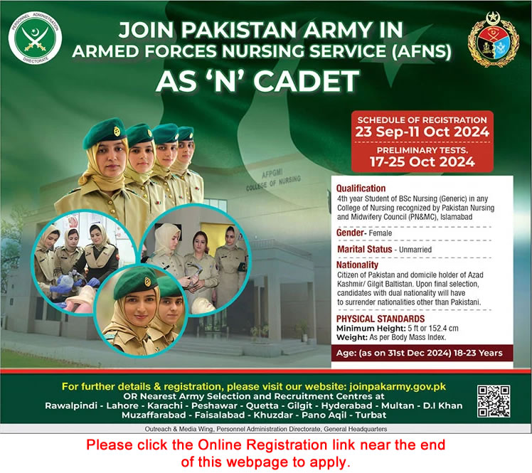 Join Pakistan Army as N Cadet September 2024 AFNS Online Registration Armed Forces Nursing Service Latest