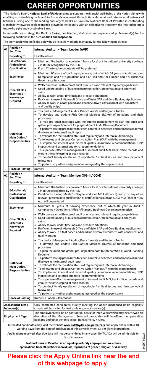 Internal Auditor Jobs in National Bank of Pakistan September 2024 October Apply Online NBP Latest