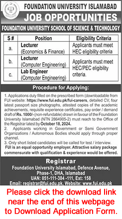 Foundation University Islamabad Jobs September 2024 October Application Form Lecturers & Lab Engineer Latest