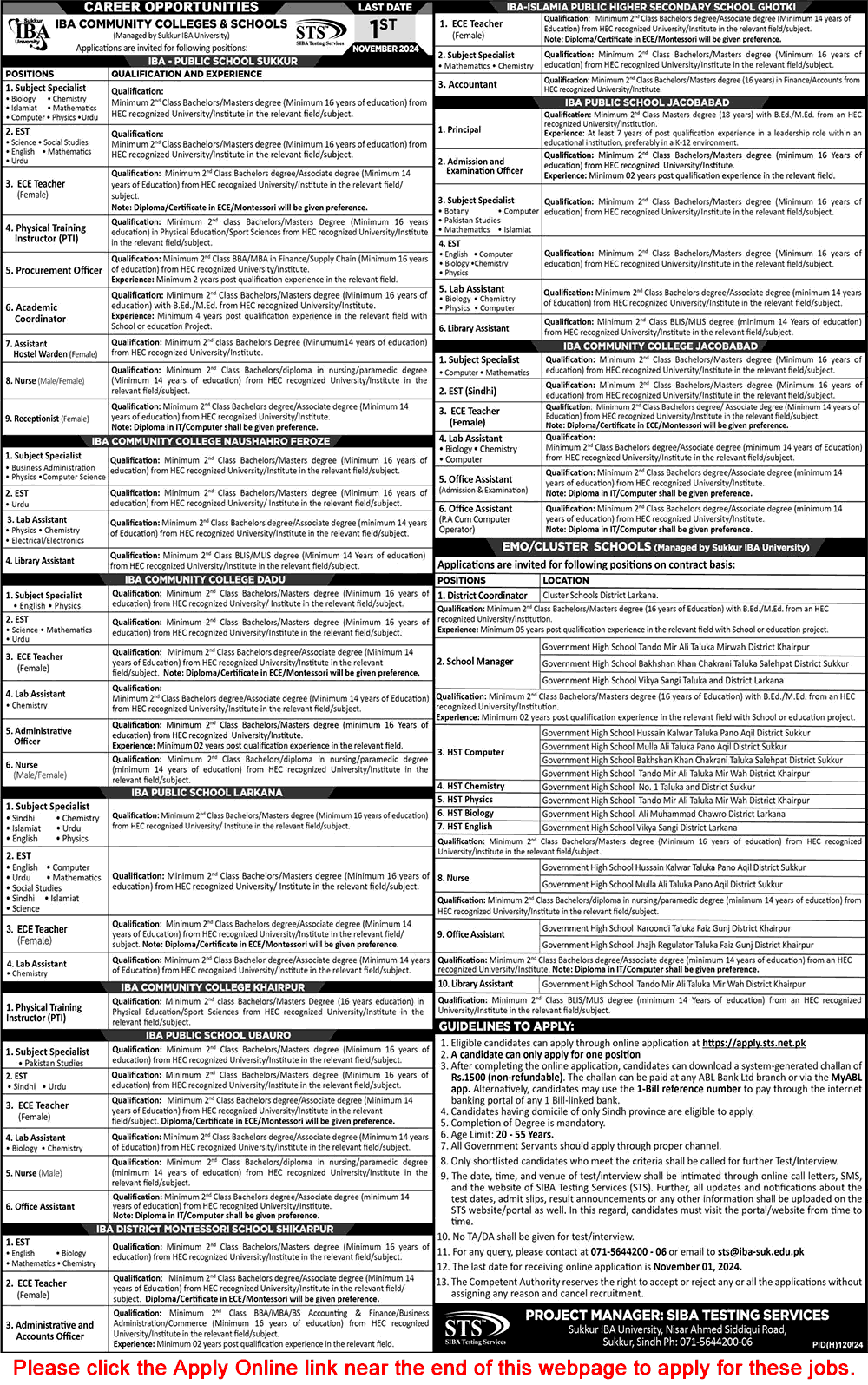 IBA Community Colleges and Schools Sindh Jobs October 2024 STS Apply Online Teachers & Others Latest