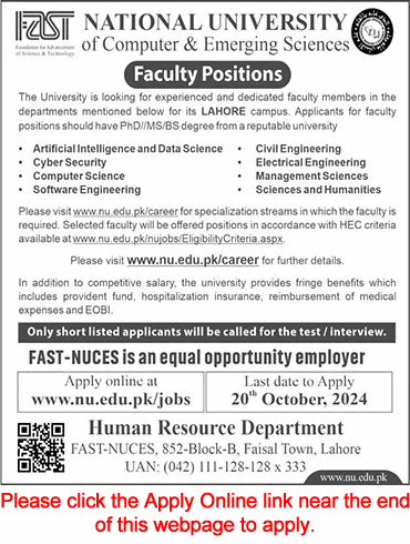 Teaching Faculty Jobs in FAST University Lahore October 2024 Apply Online Latest