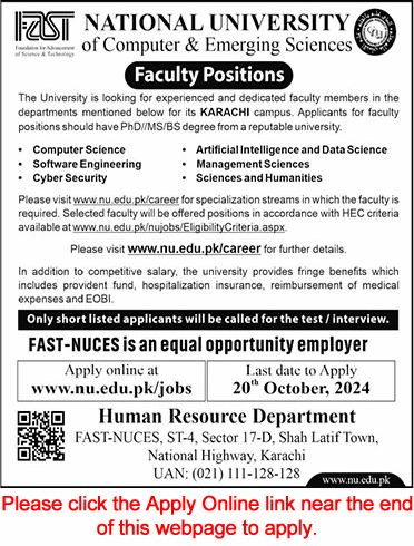 FAST University Karachi Jobs October 2024 Apply Online Teaching Faculty Latest