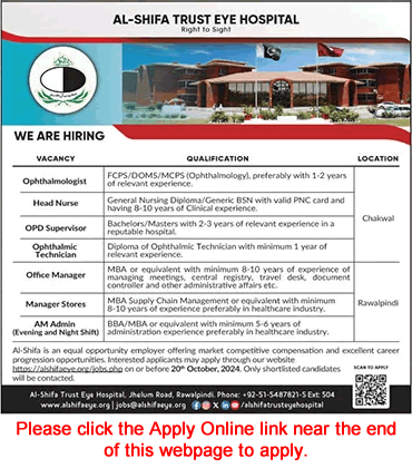 Al Shifa Trust Eye Hospital Rawalpindi Jobs October 2024 Chakwal Apply Online Office / Store Manager & Others Latest