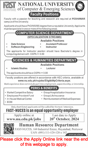 FAST University Peshawar Jobs October 2024 Teaching Faculty Apply Online Latest