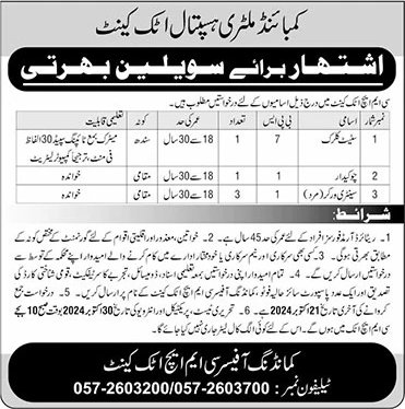 CMH Attock Jobs October 2024 Sanitary Workers, Chowkidar & Clerk Combined Military Hospital Latest