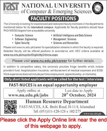 FAST University Islamabad Jobs October 2024 Apply Online Teaching Faculty Latest