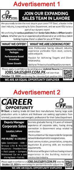 FF Steel Lahore Jobs October 2024 Sales Team & Sales Manager Latest