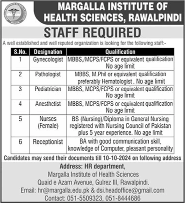 Margalla Institute of Health Sciences Rawalpindi Jobs 2024 October Nurses, Specialists Doctors & Receptionist Latest