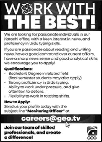 Monitoring Officer Jobs in Geo TV 2024 October Karachi Latest