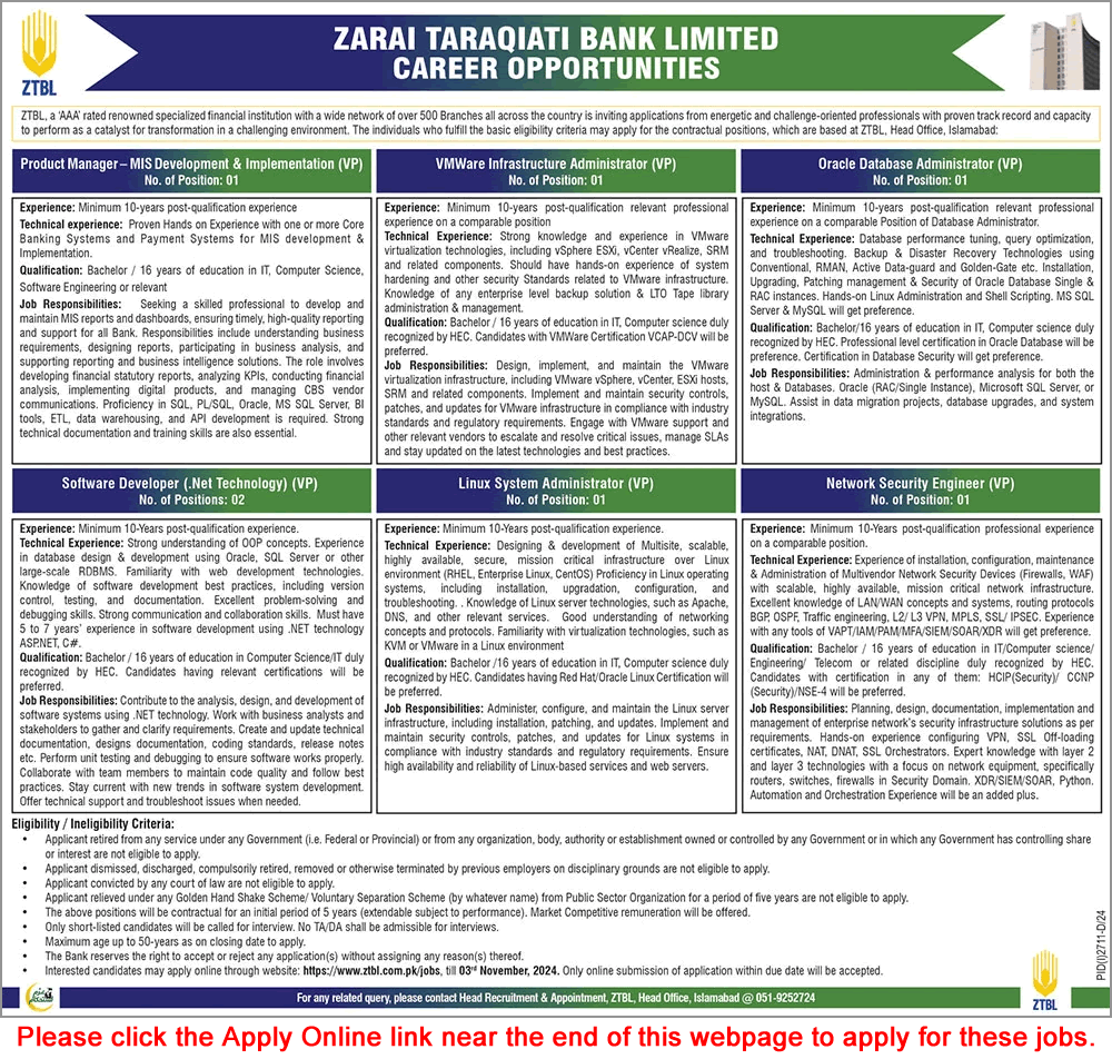 ZTBL Jobs October 2024 Apply Online Software Developers & Others Zarai Taraqiati Bank Limited Latest