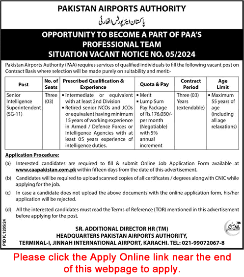 Intelligence Superintendent Jobs in Pakistan Airport Authority 2024 October Apply Online PAA Latest