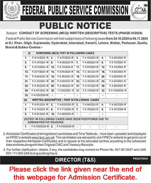 FPSC Written / MCQ Test Schedule October 2024 Roll Number Slip & Syllabus Download Latest