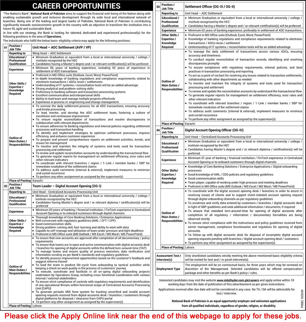 National Bank of Pakistan Jobs October 2024 Apply Online Accounting Opening Officer & Others Latest