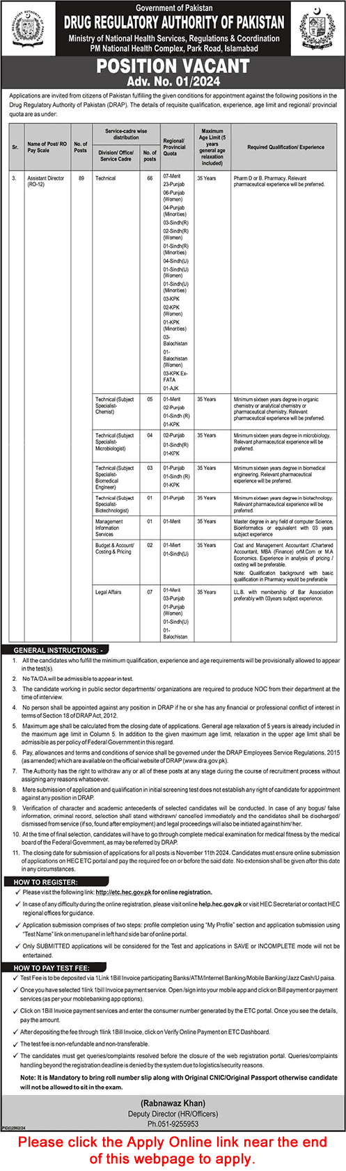 Assistant Director Jobs in Drug Regulatory Authority of Pakistan 2024 October / November Apply Online DRAP Latest