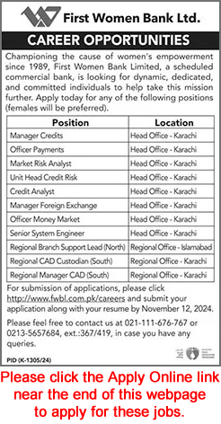 FWBL Jobs October 2024 November Apply Online First Women Bank Limited Latest