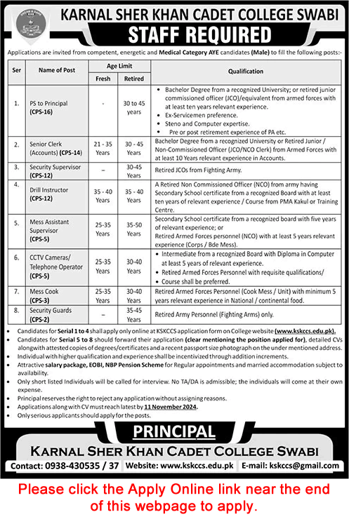 Karnal Sher Khan Cadet College Swabi Jobs October 2024 November Application Form Latest