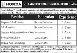 Honda Lahore Pvt Limited Jobs 2024 October / November Sales Executives & Others Latest