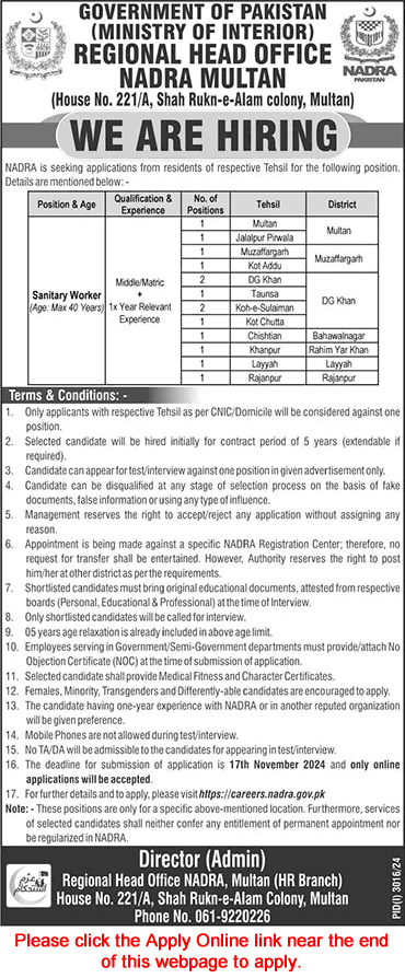 Sanitary Worker Jobs in NADRA November 2024 Apply Online National Database and Registration Authority Latest