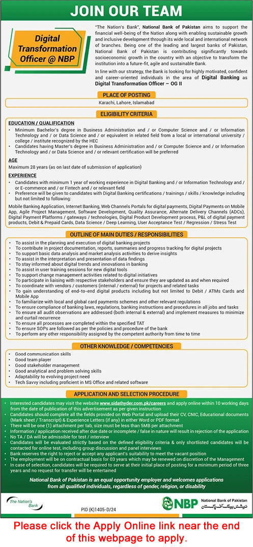 Digital Transformation Officer Jobs in National Bank of Pakistan November 2024 Apply Online NBP Latest